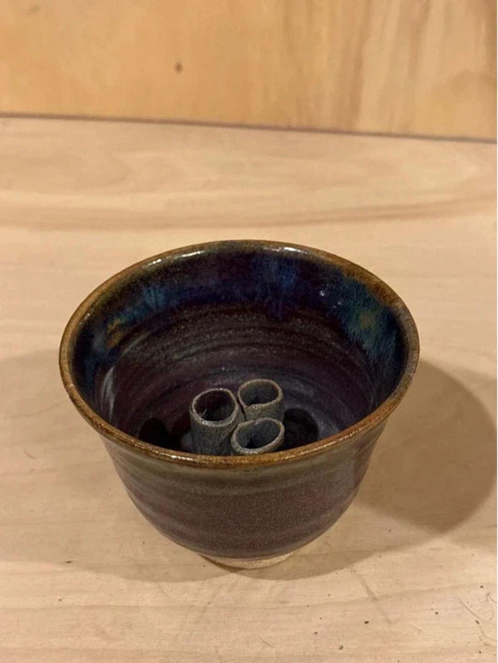 Vintage McCarty Pottery Cobalt Blue Flower Frog Arranger Bowl Signed